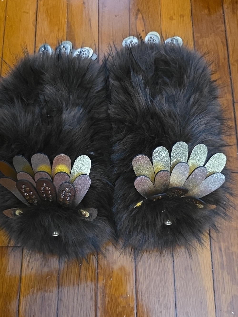 Kurt Geiger Brown Fur Slide Sandals with Iridescent Petal Embellishments